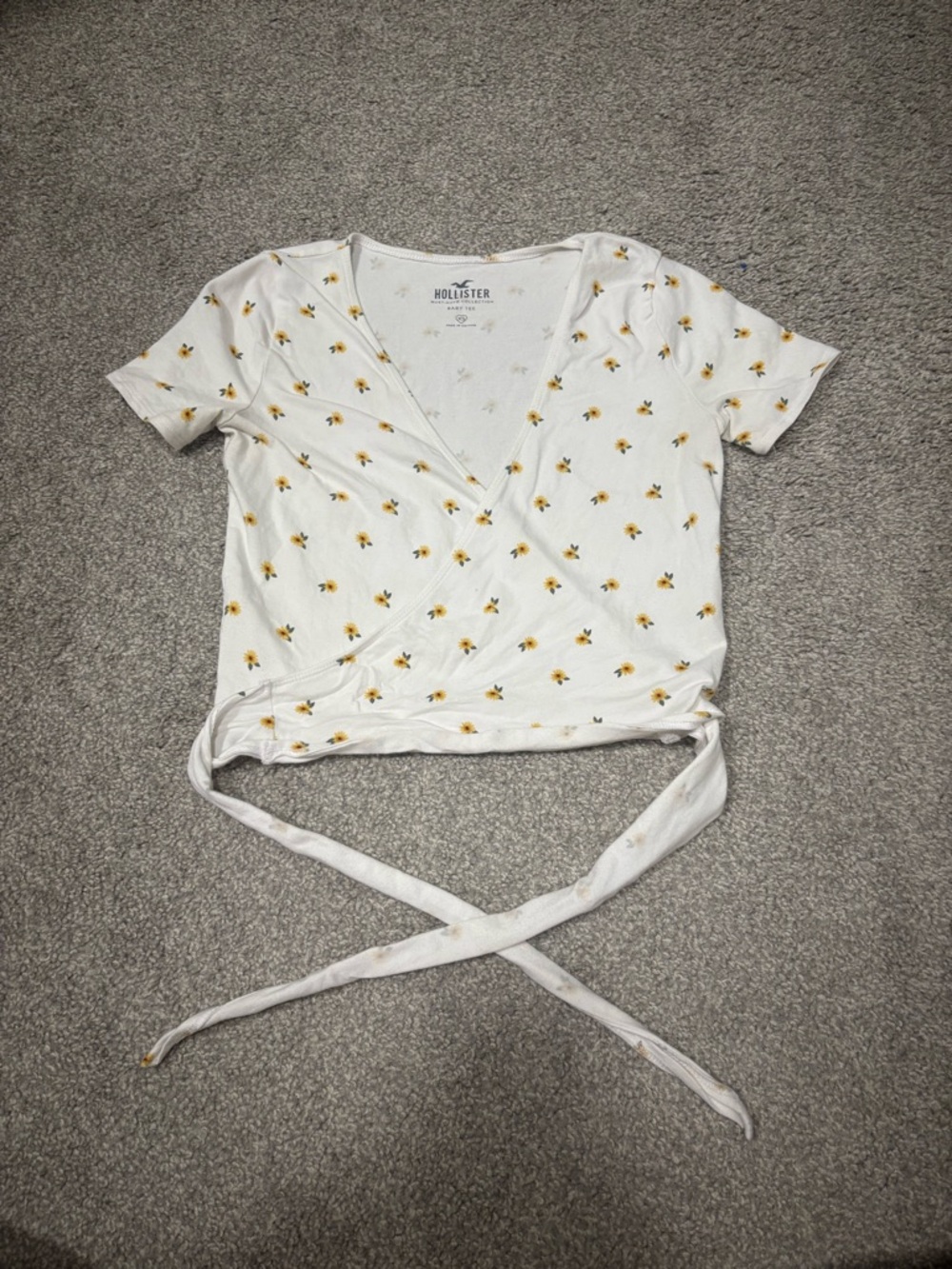 Hollister White Wrap Crop Top with Yellow Floral Print